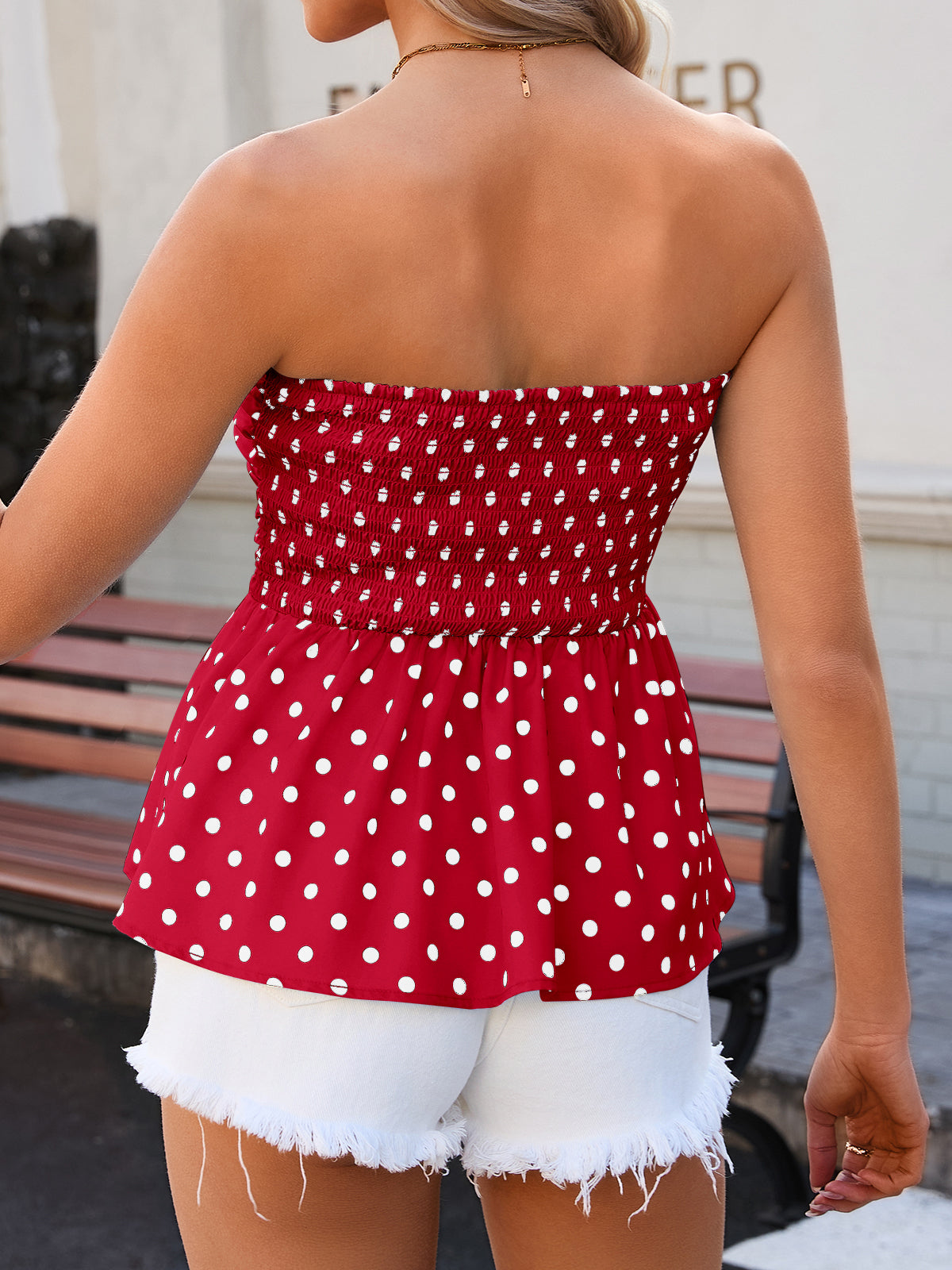 Tankaneo Womens Strapless Polka Dot Tube Tops Cute Backless Peplumn Ruffle Hem Bandeau Top Slim Fit Y2k Tank Tops