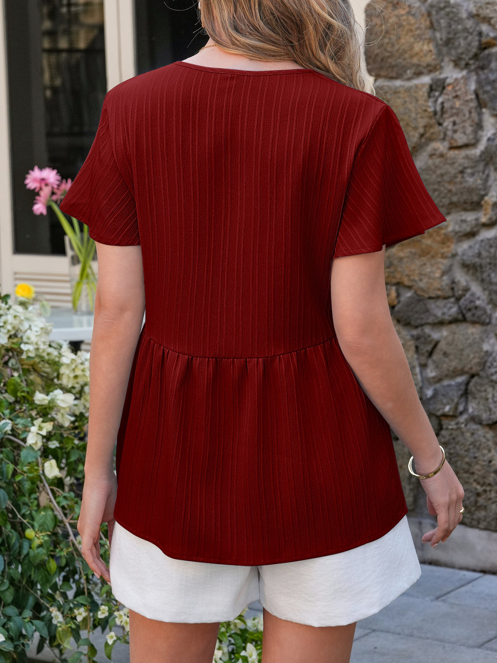 Tankaneo Womens Short Sleeve Blouse Casual Button Down V Neck Babydoll Shirt Loose Fit Ruffle Hem Peplum Tops