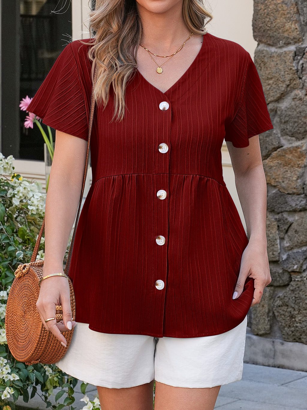 Tankaneo Womens Short Sleeve Blouse Casual Button Down V Neck Babydoll Shirt Loose Fit Ruffle Hem Peplum Tops