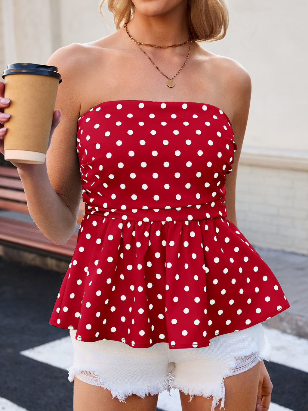 Tankaneo Womens Strapless Polka Dot Tube Tops Cute Backless Peplumn Ruffle Hem Bandeau Top Slim Fit Y2k Tank Tops