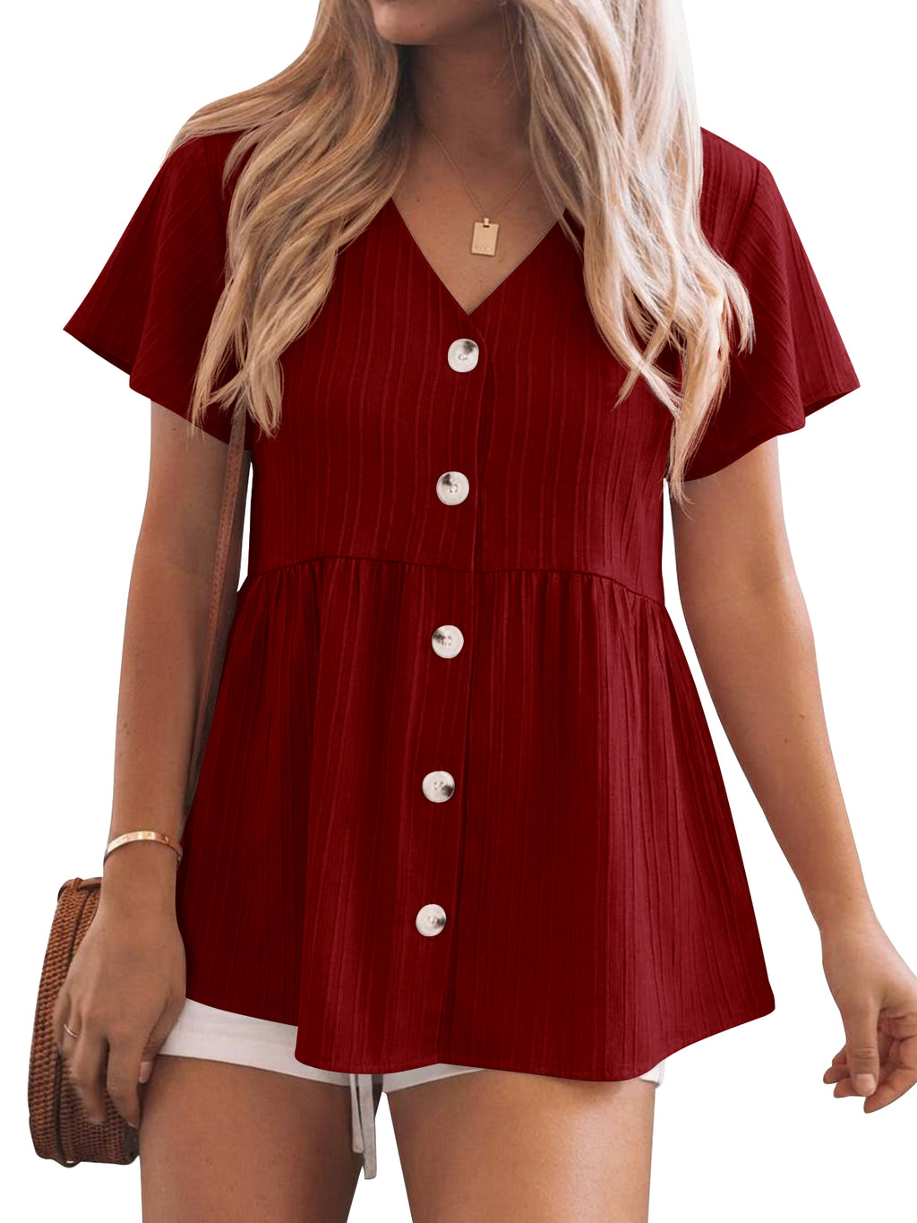 Tankaneo Womens Short Sleeve Blouse Casual Button Down V Neck Babydoll Shirt Loose Fit Ruffle Hem Peplum Tops