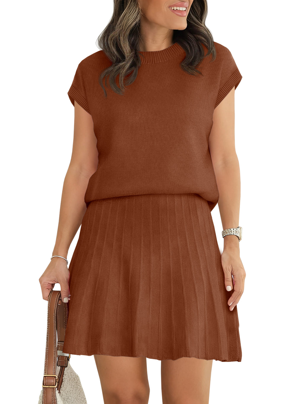 Tankaneo Womens 2 Piece Outfits Sweater Skirt Sets Cap Sleeve Sweater Tops Pleated Mini Skirt Knit Lounge Matching Set