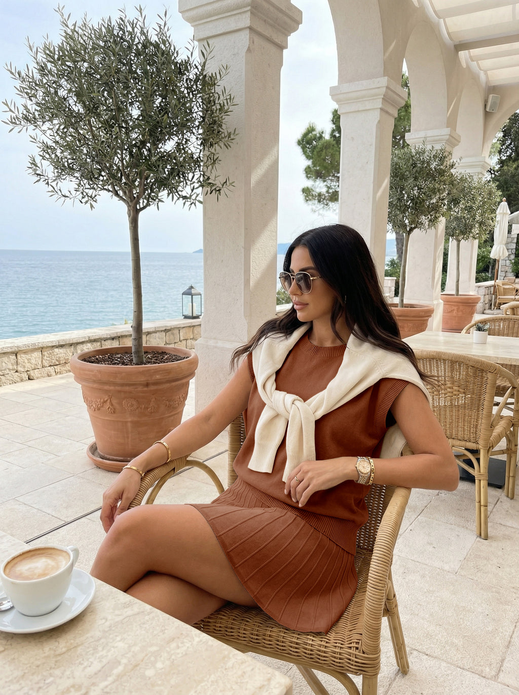 Tankaneo Womens 2 Piece Outfits Sweater Skirt Sets Cap Sleeve Sweater Tops Pleated Mini Skirt Knit Lounge Matching Set