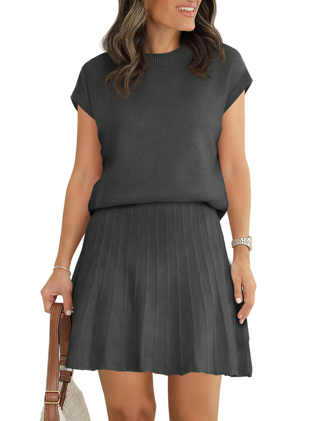 Tankaneo Womens 2 Piece Outfits Sweater Skirt Sets Cap Sleeve Sweater Tops Pleated Mini Skirt Knit Lounge Matching Set