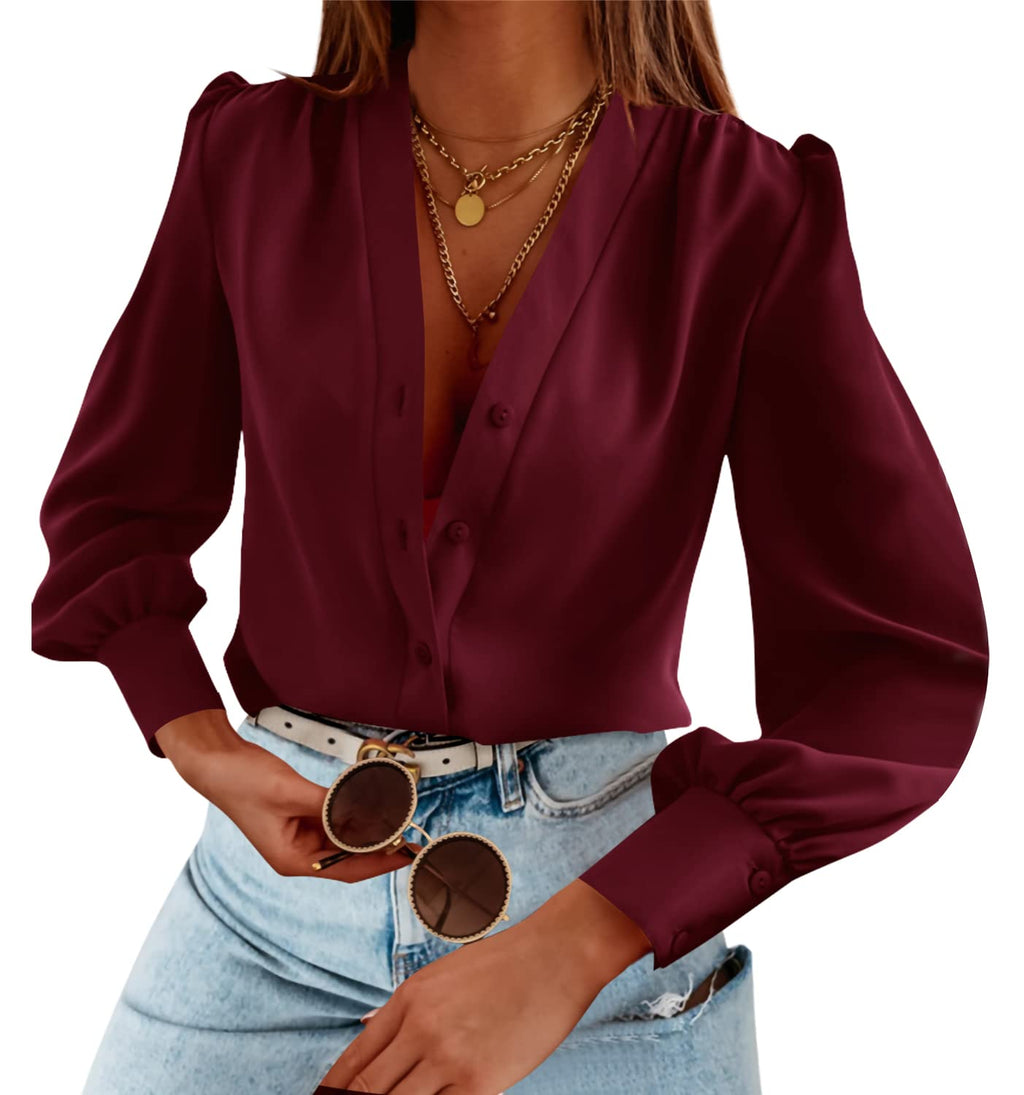 Tankaneo Business Casual Tops Summer Long Sleeve Button Down Shirts V Neck Chiffon Blouses