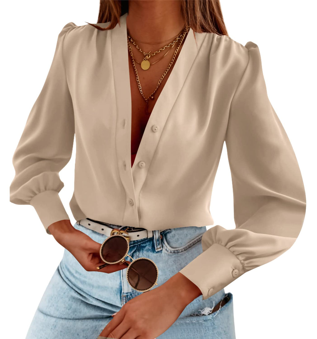 Tankaneo Business Casual Tops Summer Long Sleeve Button Down Shirts V Neck Chiffon Blouses