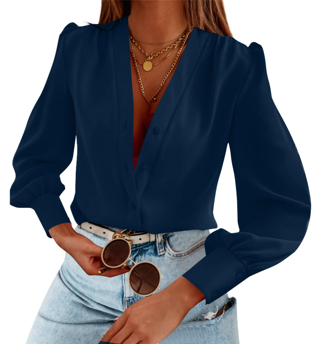 Tankaneo Business Casual Tops Summer Long Sleeve Button Down Shirts V Neck Chiffon Blouses