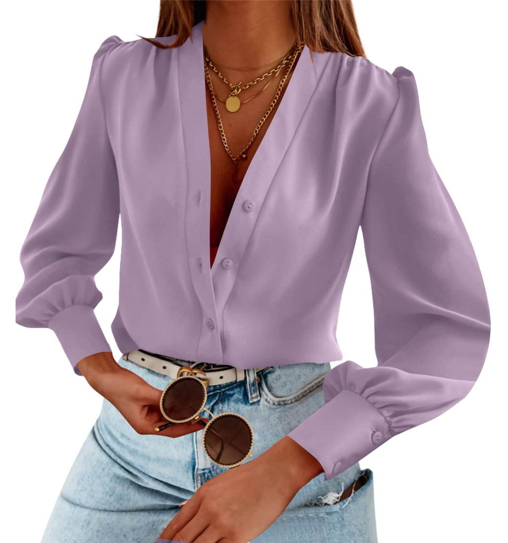 Tankaneo Business Casual Tops Summer Long Sleeve Button Down Shirts V Neck Chiffon Blouses