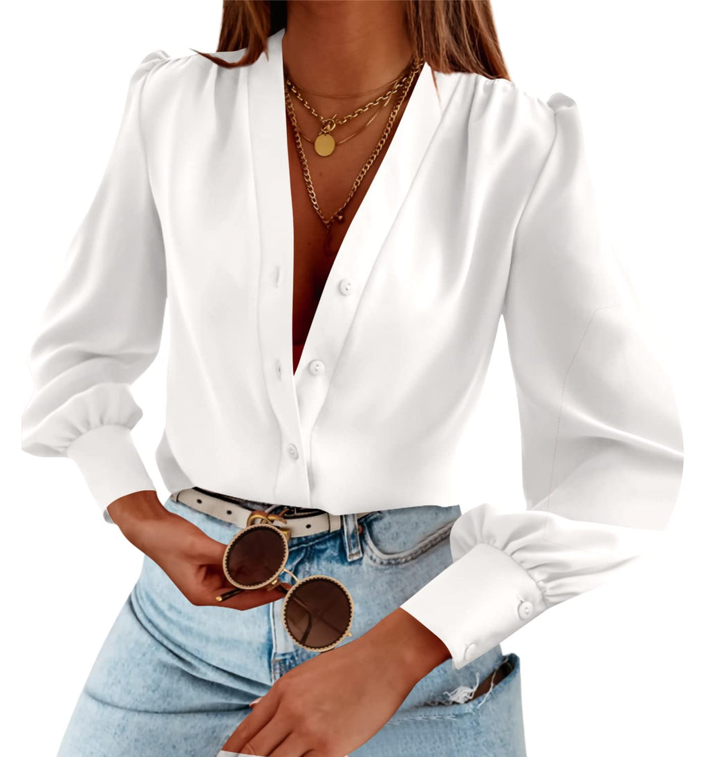 Tankaneo Business Casual Tops Summer Long Sleeve Button Down Shirts V Neck Chiffon Blouses