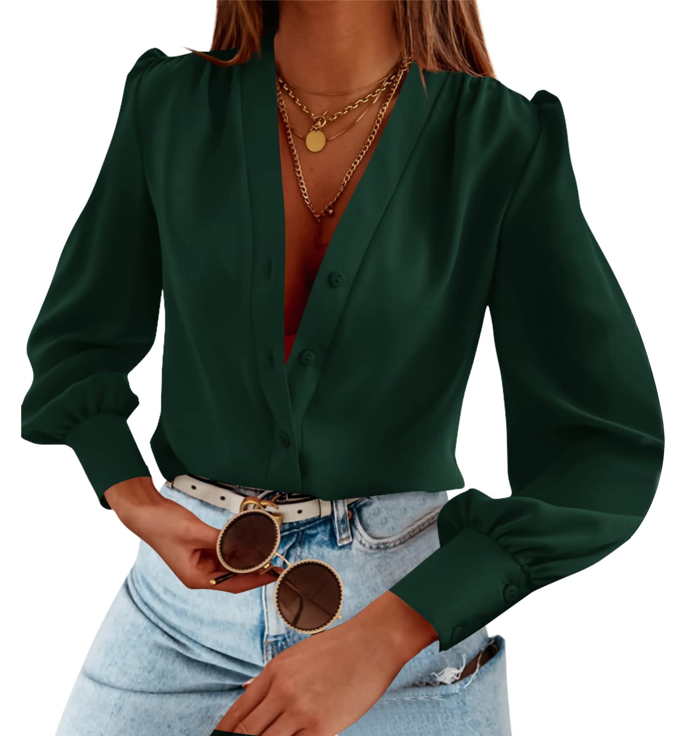 Tankaneo Business Casual Tops Summer Long Sleeve Button Down Shirts V Neck Chiffon Blouses
