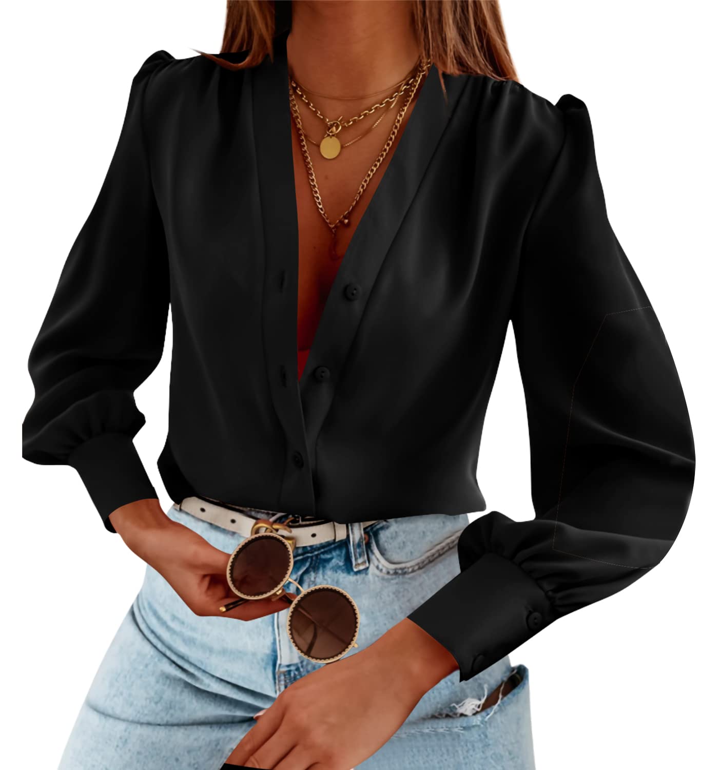 Tankaneo Business Casual Tops Summer Long Sleeve Button Down Shirts V Neck Chiffon Blouses