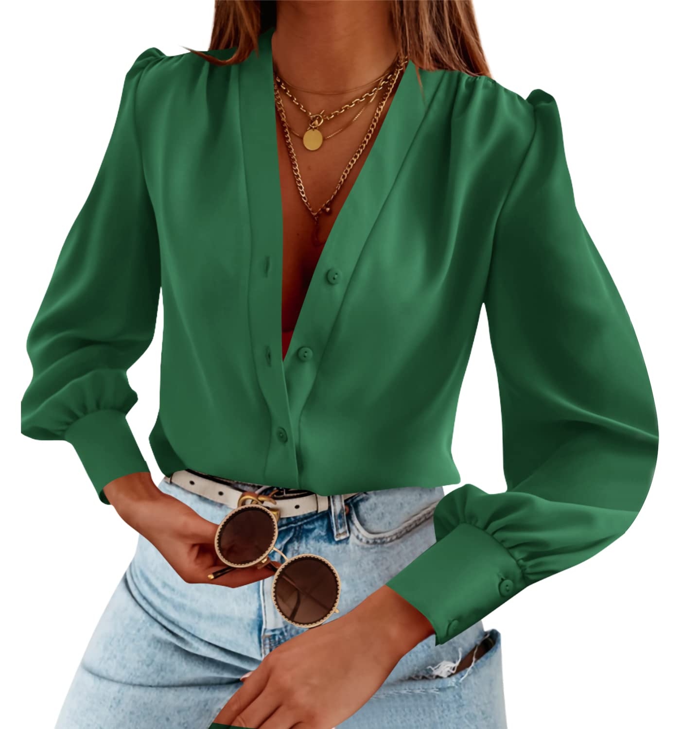 Tankaneo Business Casual Tops Summer Long Sleeve Button Down Shirts V Neck Chiffon Blouses