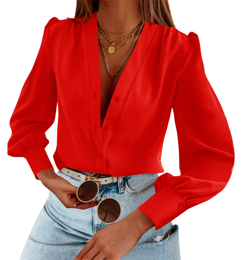 Tankaneo Business Casual Tops Summer Long Sleeve Button Down Shirts V Neck Chiffon Blouses