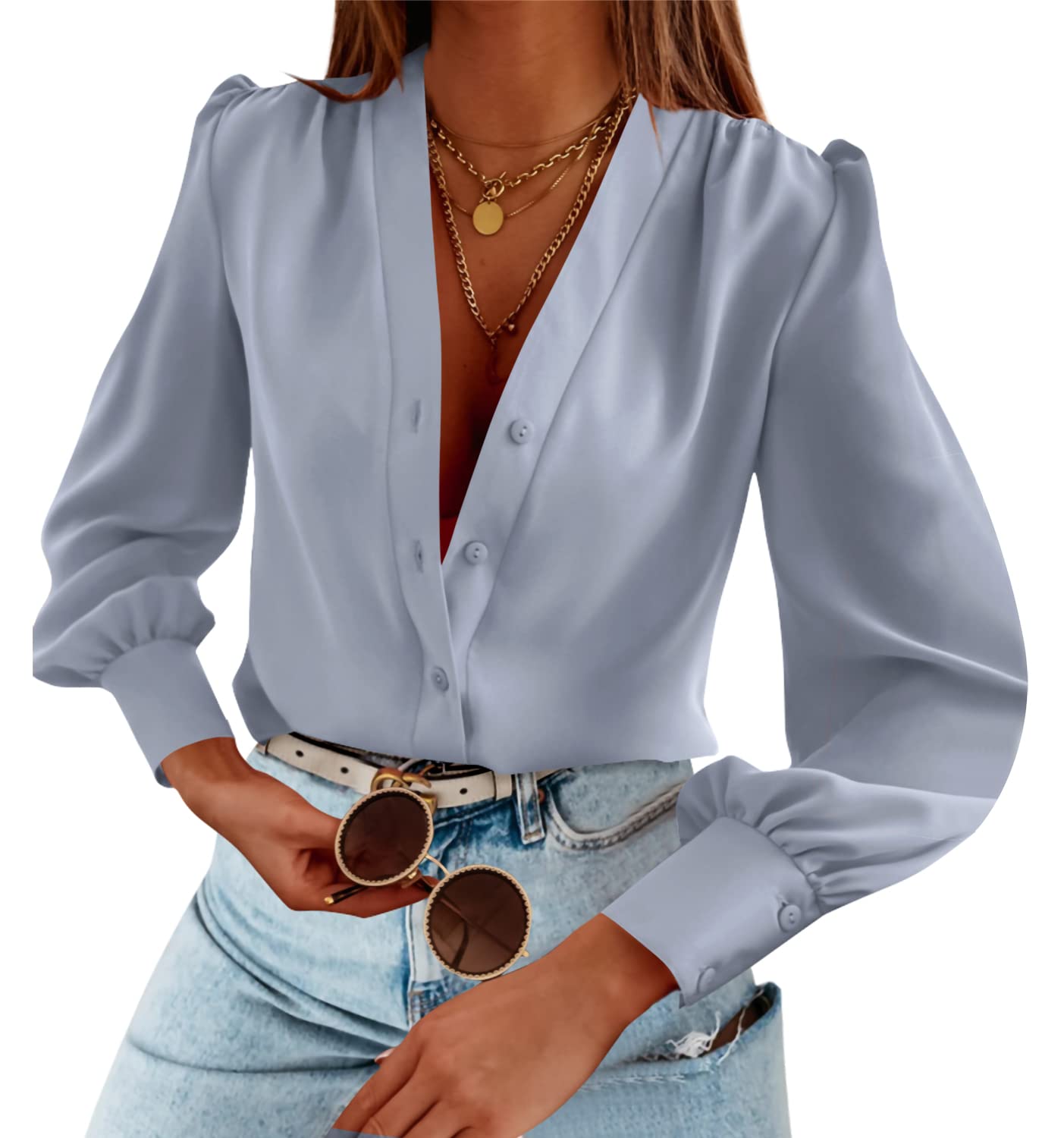 Tankaneo Business Casual Tops Summer Long Sleeve Button Down Shirts V Neck Chiffon Blouses