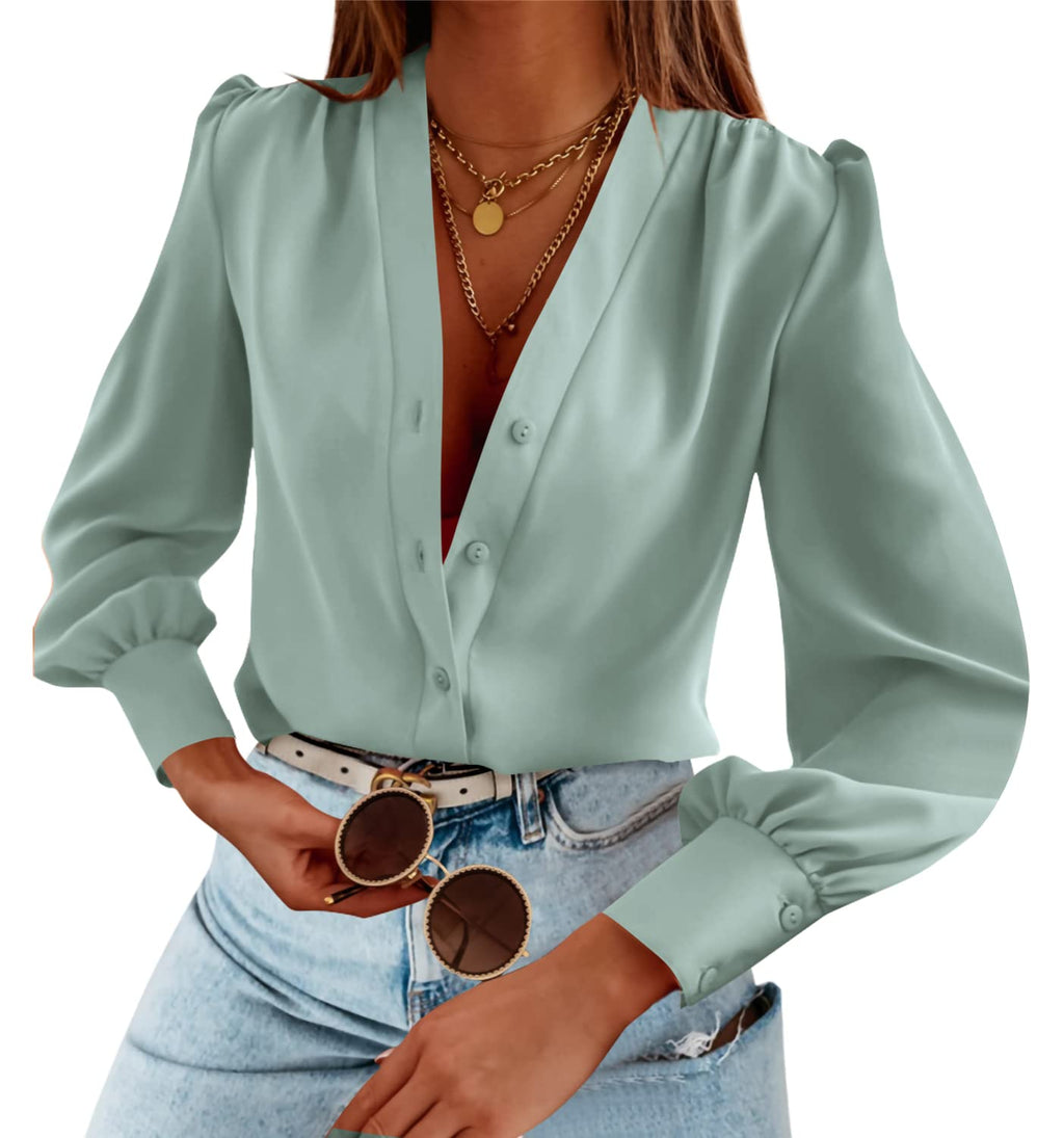 Tankaneo Business Casual Tops Summer Long Sleeve Button Down Shirts V Neck Chiffon Blouses