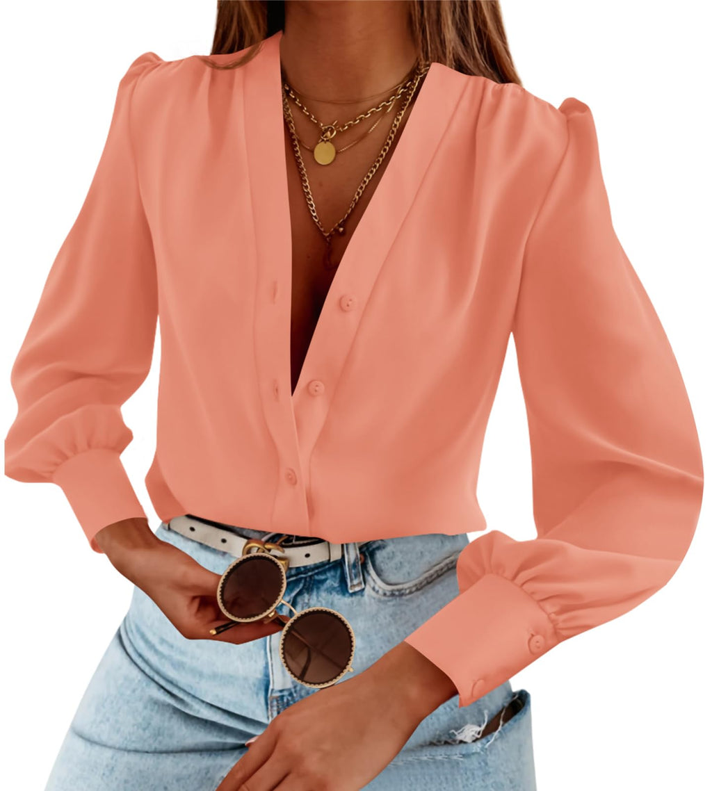 Tankaneo Business Casual Tops Summer Long Sleeve Button Down Shirts V Neck Chiffon Blouses
