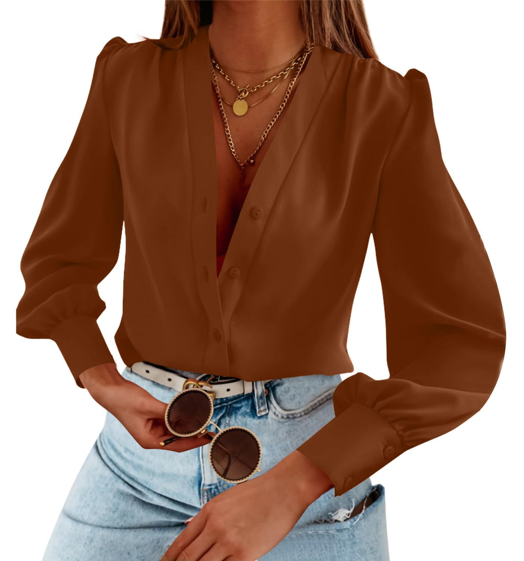 Tankaneo Business Casual Tops Summer Long Sleeve Button Down Shirts V Neck Chiffon Blouses