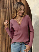 Tankaneo Women's Ribbed Deep V-Neck Long Sleeve Top