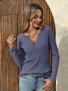Tankaneo Women's Ribbed Deep V-Neck Long Sleeve Top