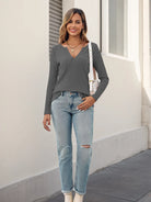 Tankaneo Women's Ribbed Deep V-Neck Long Sleeve Top
