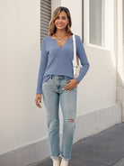 Tankaneo Women's Ribbed Deep V-Neck Long Sleeve Top