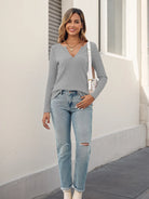 Tankaneo Women's Ribbed Deep V-Neck Long Sleeve Top