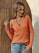 Tankaneo Women's Ribbed Deep V-Neck Long Sleeve Top
