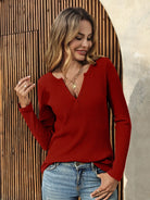 Tankaneo Women's Ribbed Deep V-Neck Long Sleeve Top