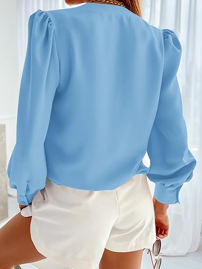 Tankaneo Business Casual Tops Summer Long Sleeve Button Down Shirts V Neck Chiffon Blouses