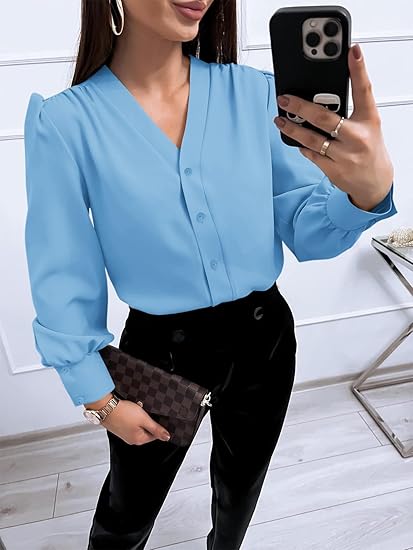 Tankaneo Business Casual Tops Summer Long Sleeve Button Down Shirts V Neck Chiffon Blouses