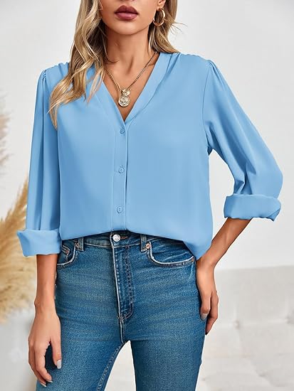Tankaneo Business Casual Tops Summer Long Sleeve Button Down Shirts V Neck Chiffon Blouses