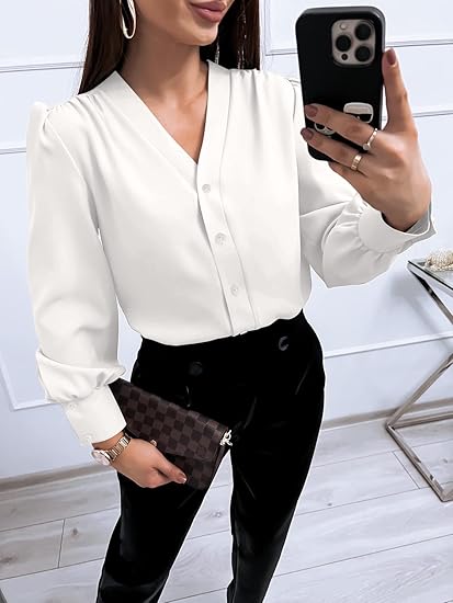 Tankaneo Business Casual Tops Summer Long Sleeve Button Down Shirts V Neck Chiffon Blouses