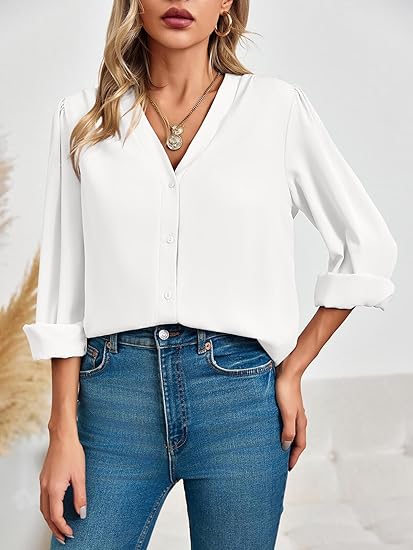 Tankaneo Business Casual Tops Summer Long Sleeve Button Down Shirts V Neck Chiffon Blouses
