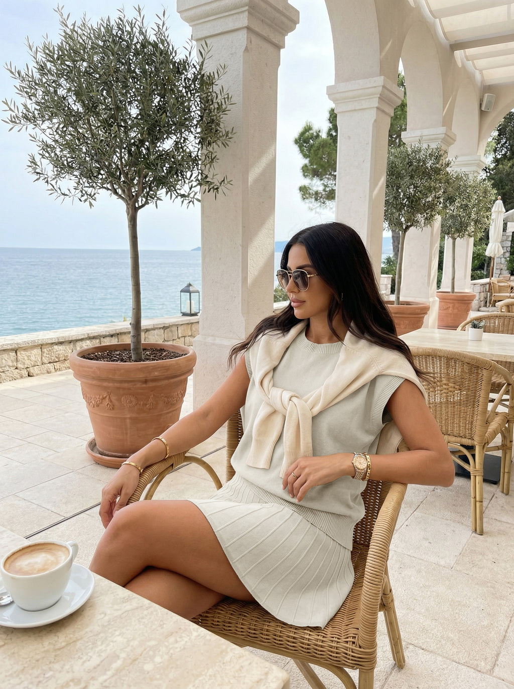 Tankaneo Womens 2 Piece Outfits Sweater Skirt Sets Cap Sleeve Sweater Tops Pleated Mini Skirt Knit Lounge Matching Set