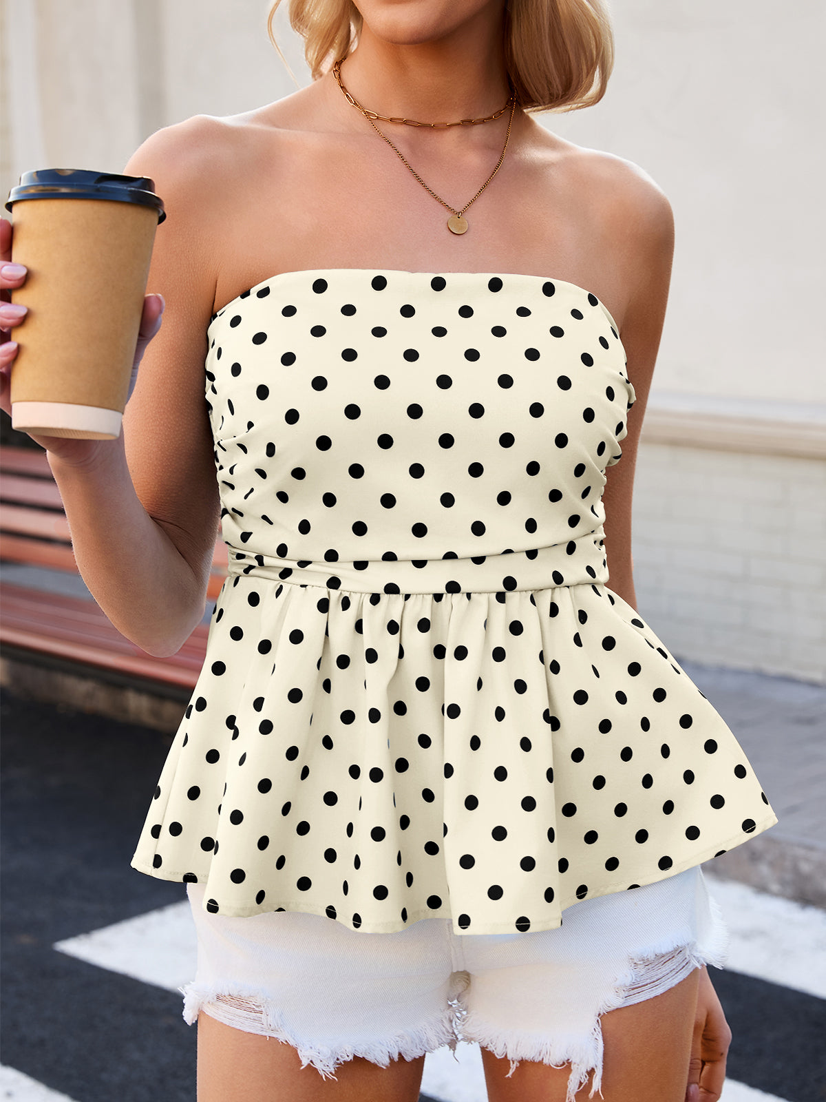 Tankaneo Womens Strapless Polka Dot Tube Tops Cute Backless Peplumn Ruffle Hem Bandeau Top Slim Fit Y2k Tank Tops