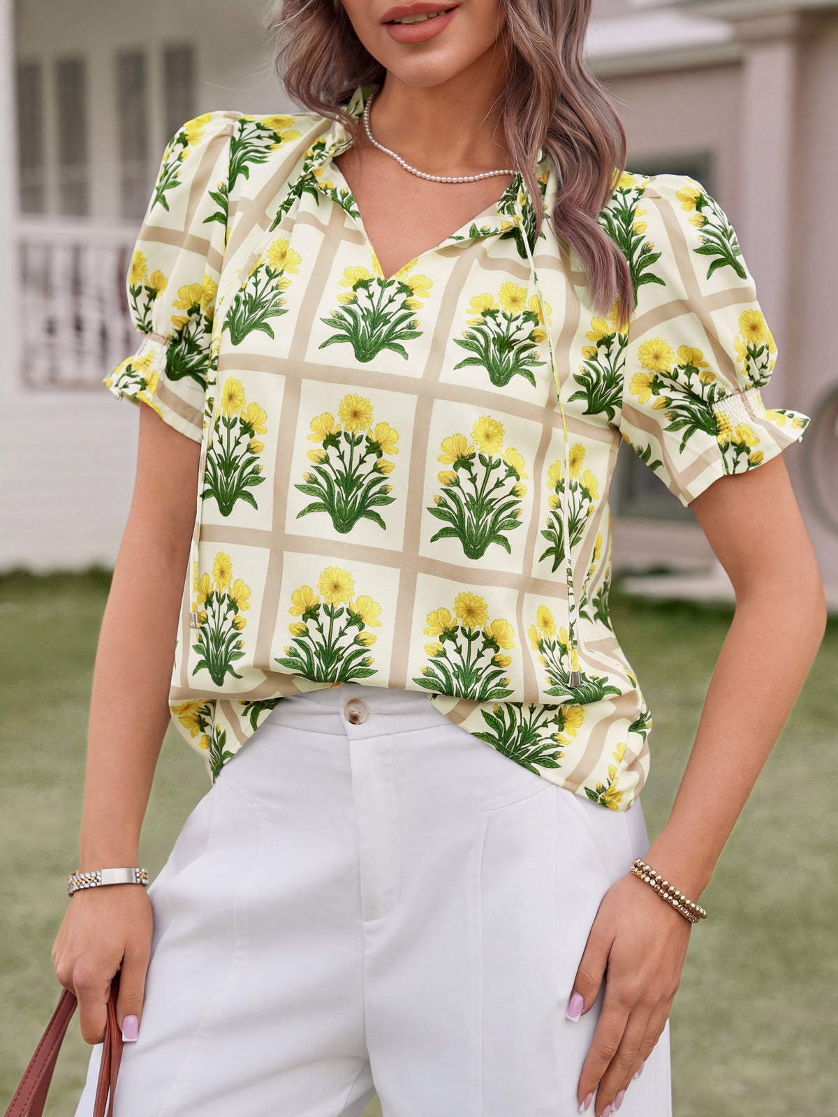 Tankaneo Womens Summer Floral Ruffle V Neck Blouses Dressy Casual Puff Short Sleeve Loose Fit Boho Shirts Tops