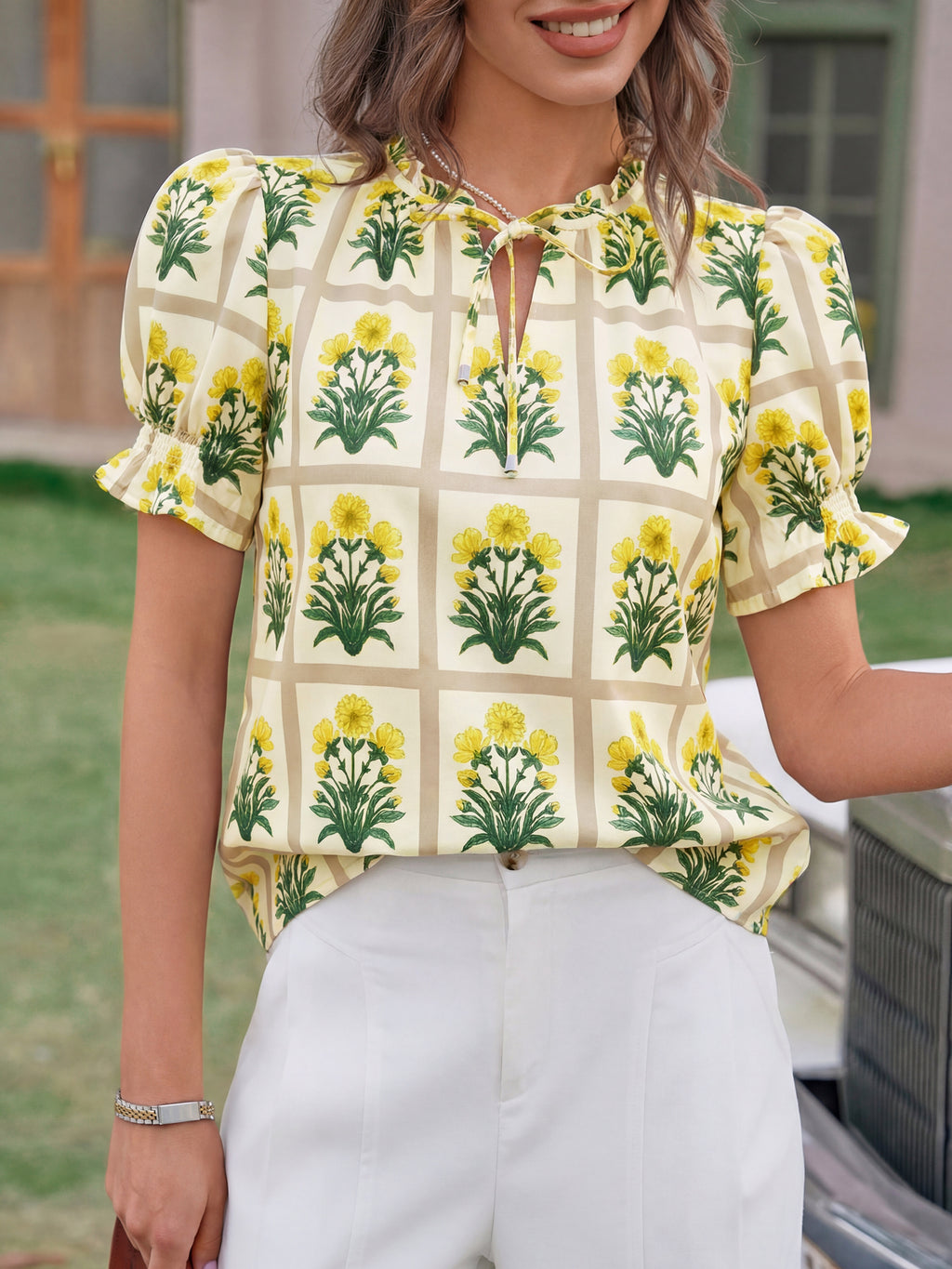 Tankaneo Womens Summer Floral Ruffle V Neck Blouses Dressy Casual Puff Short Sleeve Loose Fit Boho Shirts Tops