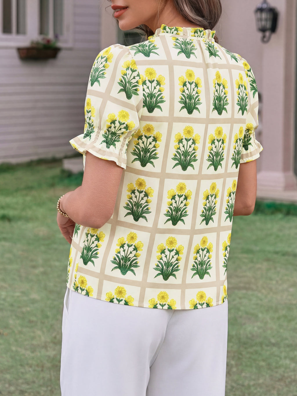 Tankaneo Womens Summer Floral Ruffle V Neck Blouses Dressy Casual Puff Short Sleeve Loose Fit Boho Shirts Tops