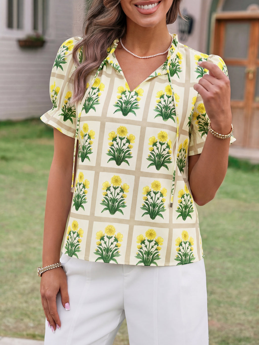 Tankaneo Womens Summer Floral Ruffle V Neck Blouses Dressy Casual Puff Short Sleeve Loose Fit Boho Shirts Tops