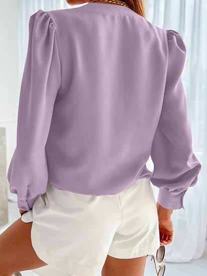 Tankaneo Business Casual Tops Summer Long Sleeve Button Down Shirts V Neck Chiffon Blouses