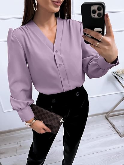 Tankaneo Business Casual Tops Summer Long Sleeve Button Down Shirts V Neck Chiffon Blouses