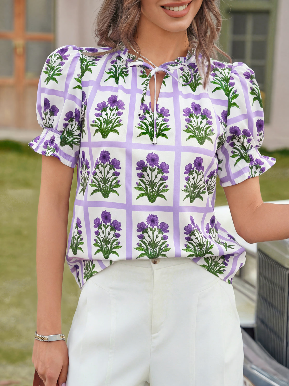 Tankaneo Womens Summer Floral Ruffle V Neck Blouses Dressy Casual Puff Short Sleeve Loose Fit Boho Shirts Tops