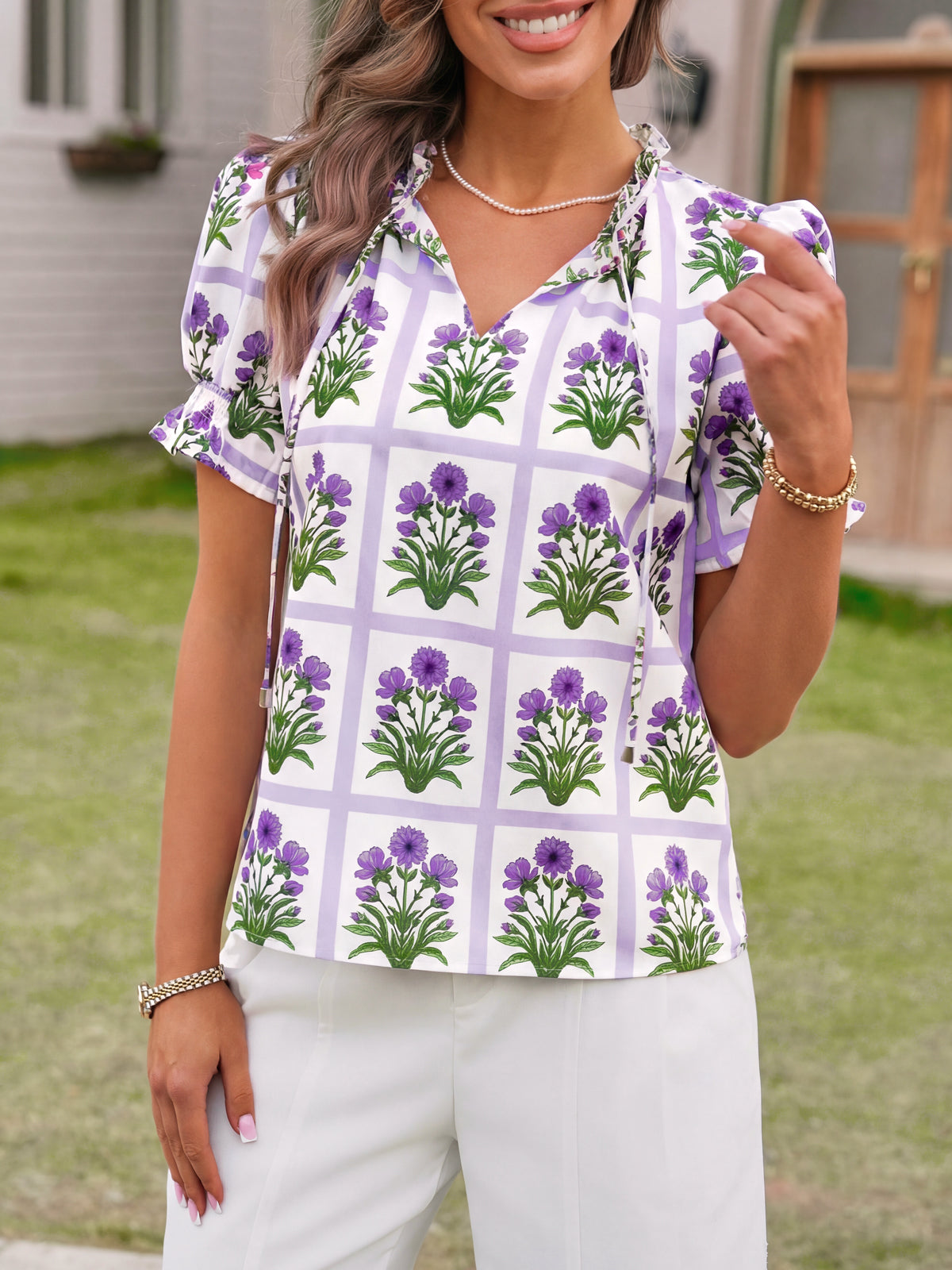 Tankaneo Womens Summer Floral Ruffle V Neck Blouses Dressy Casual Puff Short Sleeve Loose Fit Boho Shirts Tops