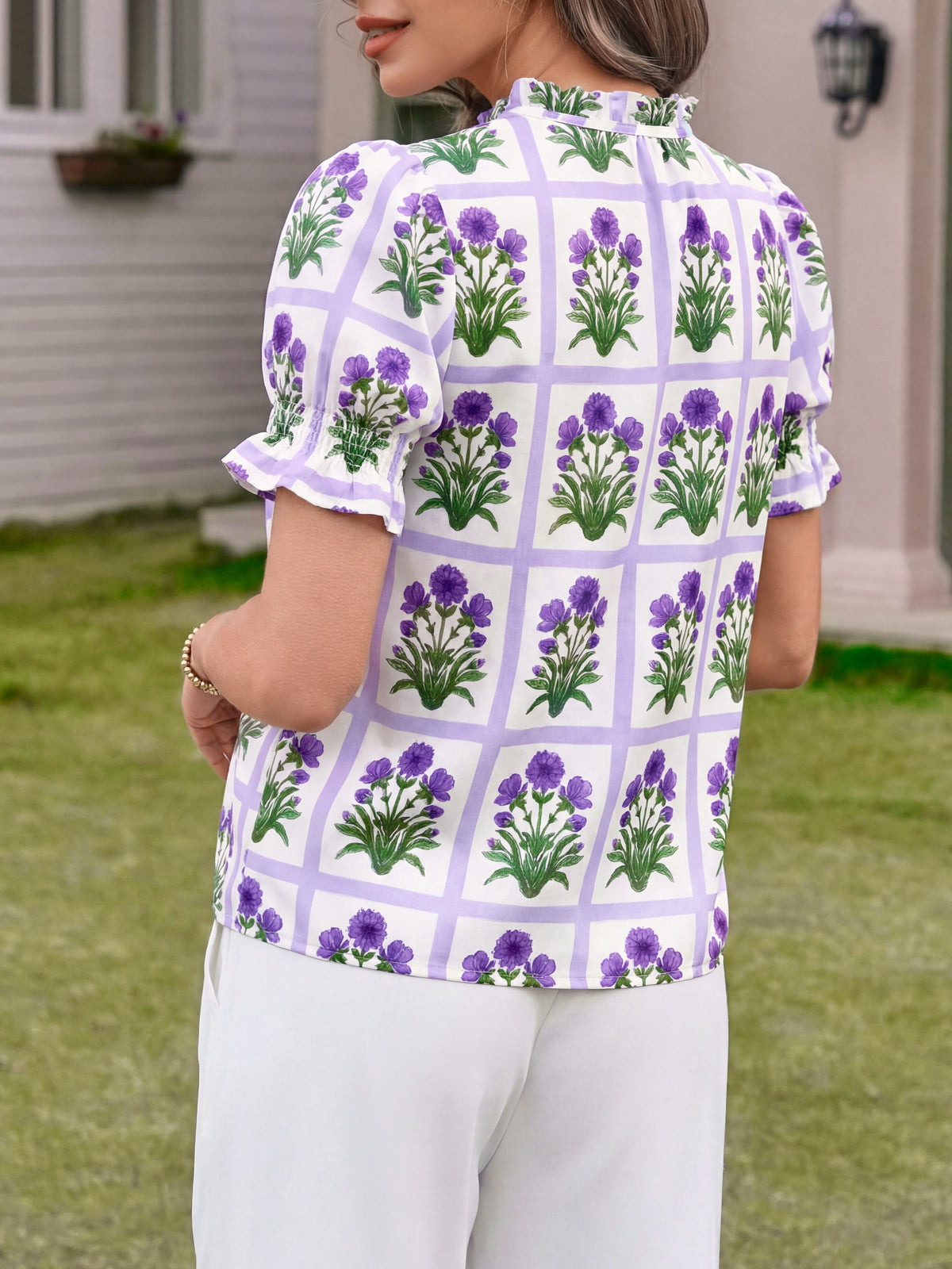 Tankaneo Womens Summer Floral Ruffle V Neck Blouses Dressy Casual Puff Short Sleeve Loose Fit Boho Shirts Tops