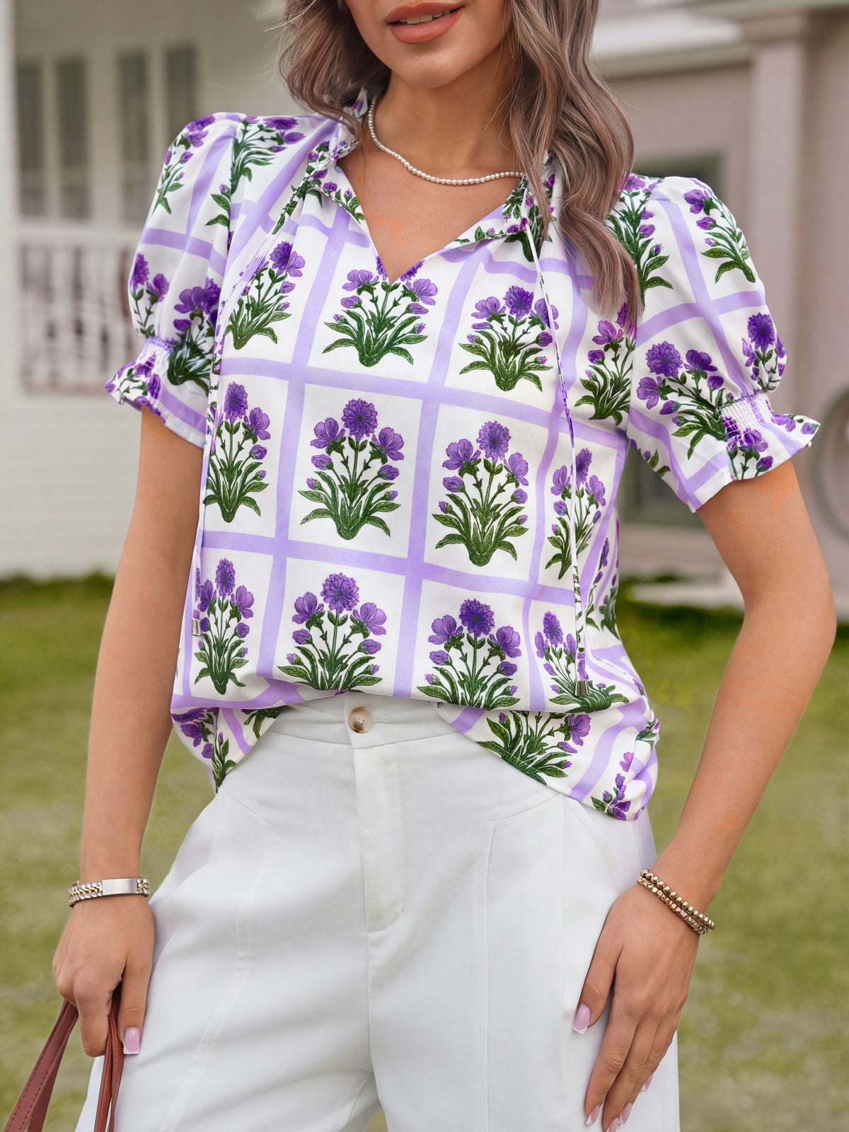 Tankaneo Womens Summer Floral Ruffle V Neck Blouses Dressy Casual Puff Short Sleeve Loose Fit Boho Shirts Tops