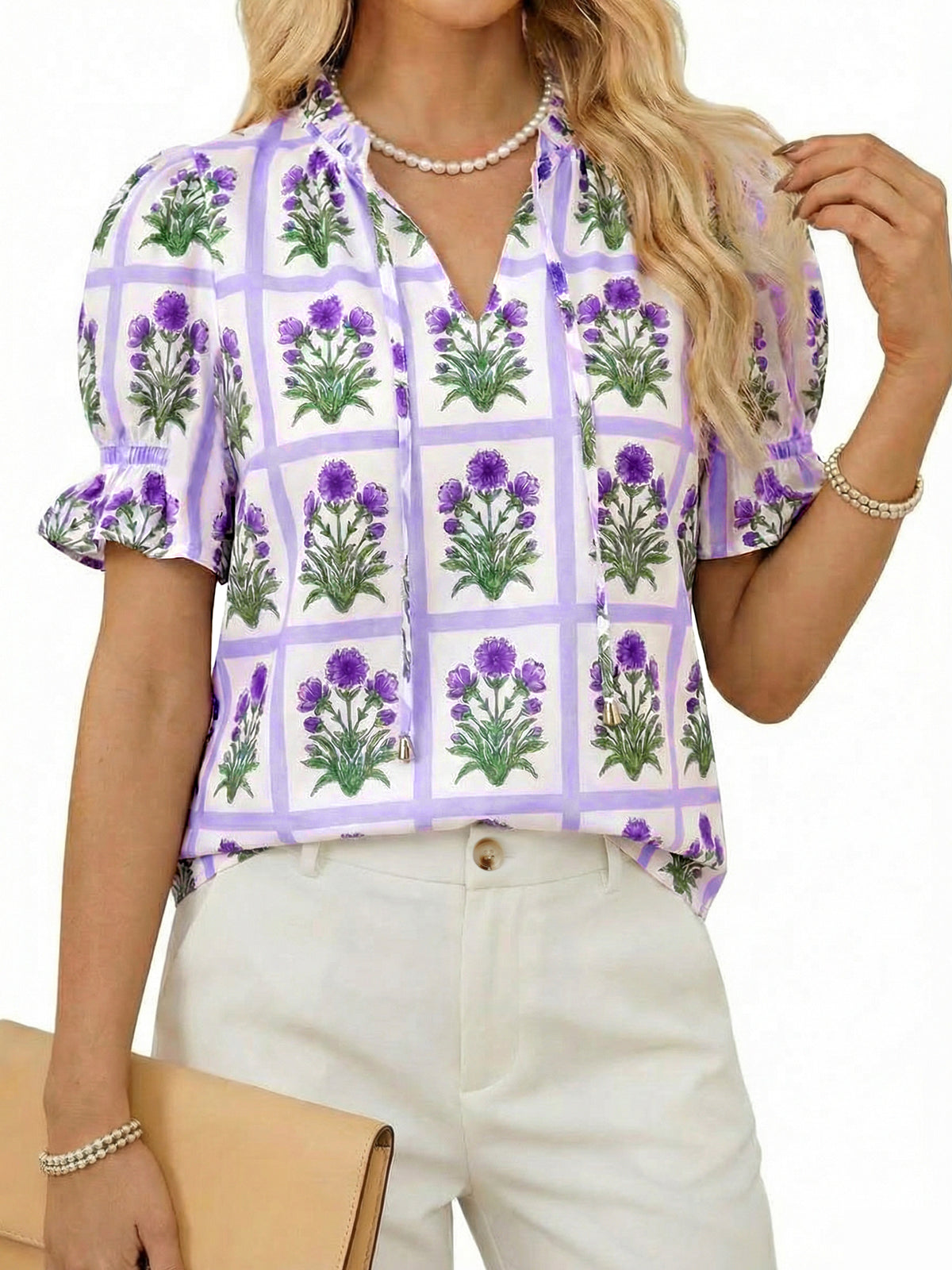 Tankaneo Womens Summer Floral Ruffle V Neck Blouses Dressy Casual Puff Short Sleeve Loose Fit Boho Shirts Tops