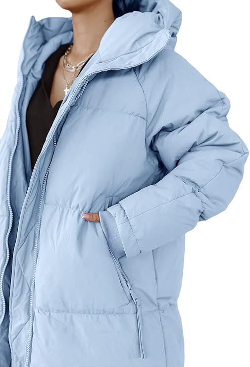 Tankaneo Women Long Quilted Coat Hooded Maxi Length Long Sleeve Puffer Jacket Padded Coat Winter Outerwear