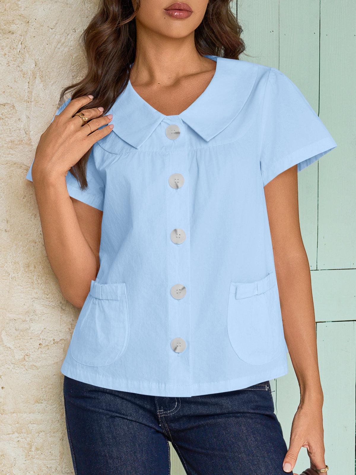 Tankaneo Womens Peter Pan Collar Button Down Shirts Short Sleeve