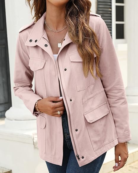 Tankaneo  Women Military Anorak Jackets Zip Up Snap Buttons Parka Safari Utility Coats Outwear with Pocket