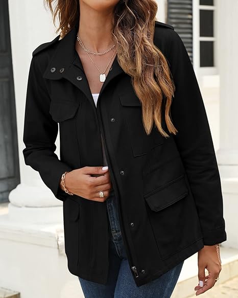 Tankaneo  Women Military Anorak Jackets Zip Up Snap Buttons Parka Safari Utility Coats Outwear with Pocket